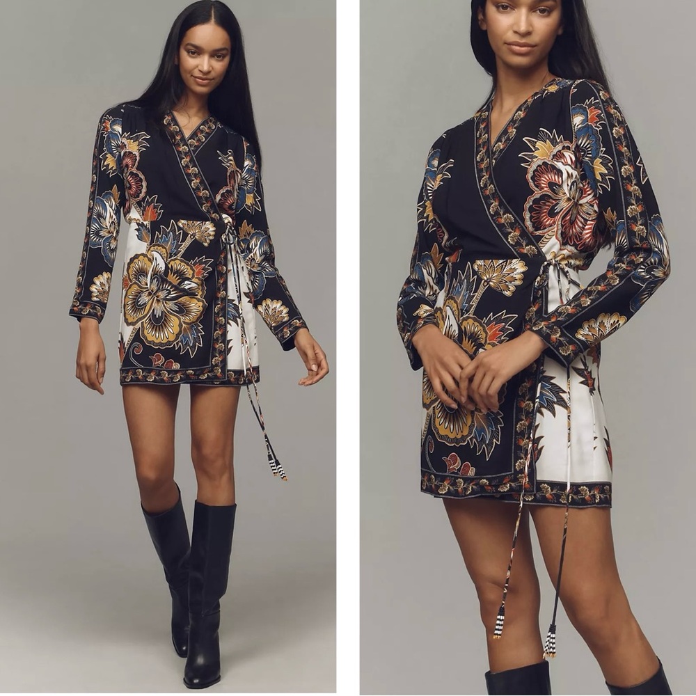 FARM Rio Floral Border Print Long Sleeve Wrap Minidress in Maxi Floral Black - Picture 15 of 16